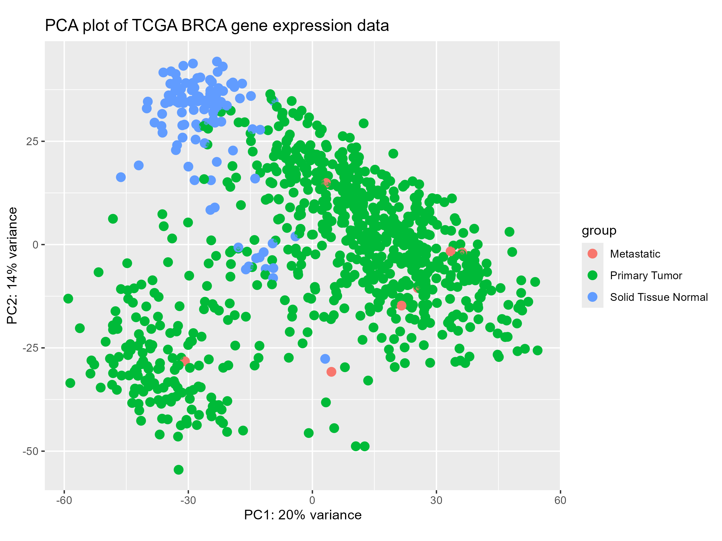 PCA plot of VST-normalized counts showing tissue type separation